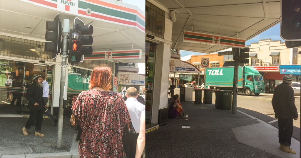 The captain just before being targeted by the street lady, and on the right as he calmly went on his way