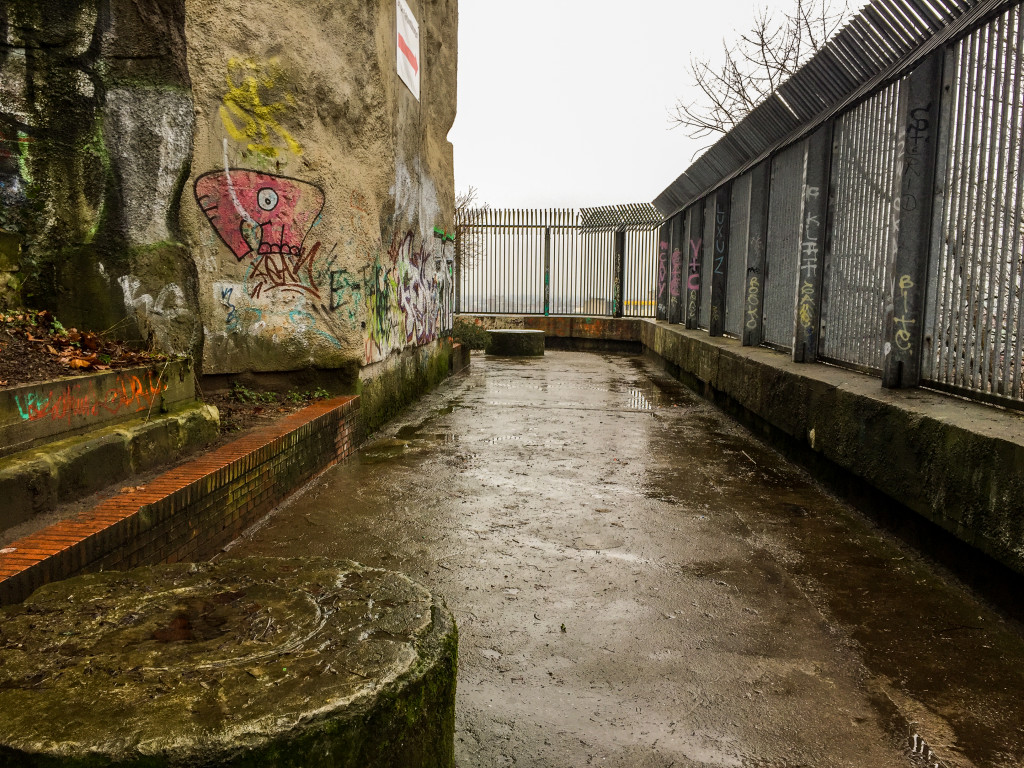 Gun mount visible on the lower left side of the photo of Flakturm III G-Tower - Humboldthain, Berlin. 