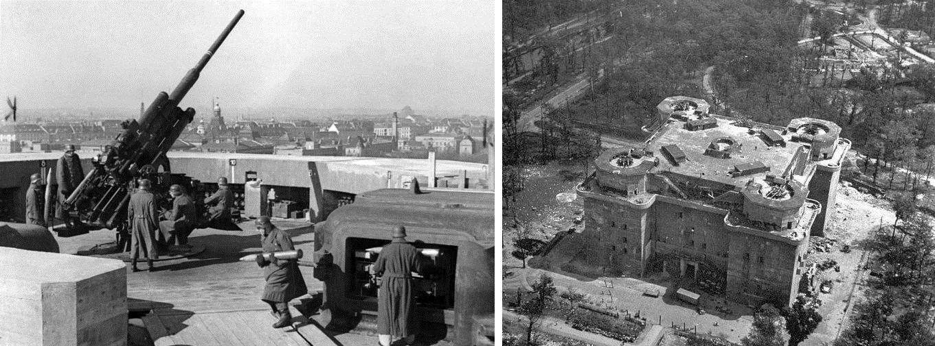 A period photo of a 105mm flak gun on the Zoo flak tower in Berlin and the same flak tower not long after the Battle of Berlin. 