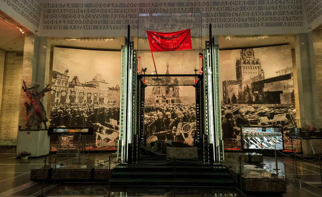 One of the Soviet flags hoisted over the Reichstag after the Battle of Berlin in 1945.