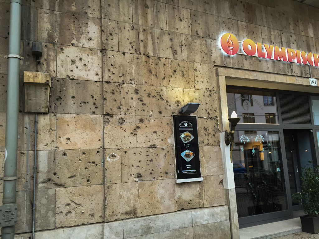 While walking around I noticed some damage that is still present from the Battle of Berlin. This damage is most likely from an artillery shell exploding nearby. This was a restaurant under a railway, more prominent buildings have been completely repaired. 